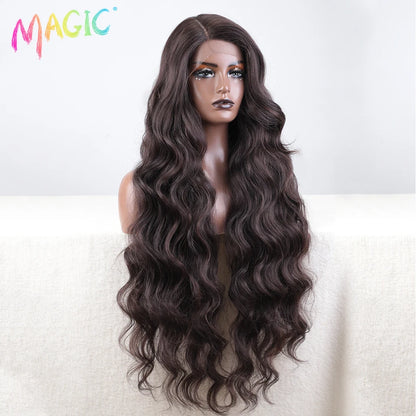 Magic Synthetic Lace Front Wig Long Wavy 36 Inch Cosplay Body Wavy Side Part Lace Wig For Women Lace Front Wig Ombre Blonde  Wig