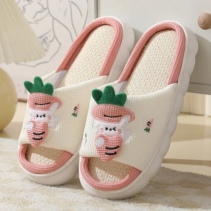 Four Seasons Universal Indoor Home Cotton Linen Sandals Cute Cartoon Cow Linen Slippers Non-slip