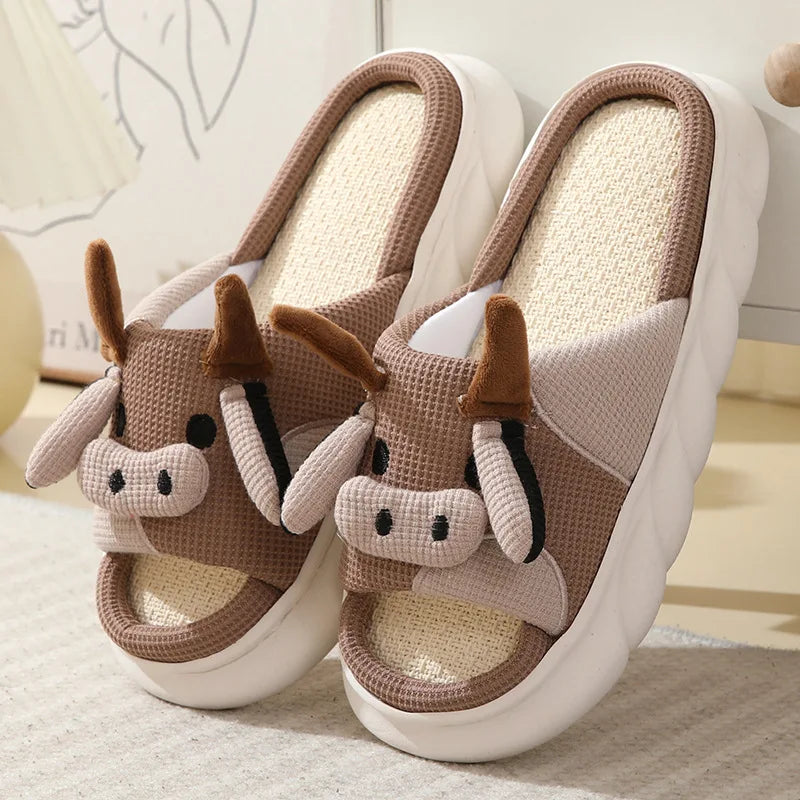 Four Seasons Universal Indoor Home Cotton Linen Sandals Cute Cartoon Cow Linen Slippers Non-slip