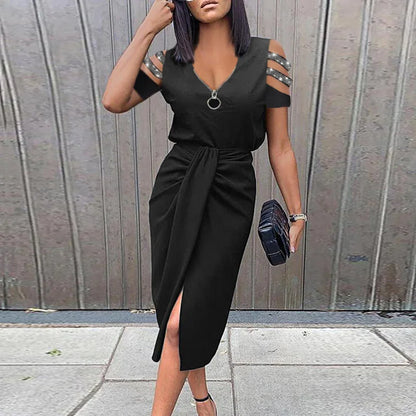 Women Elegant Zipper V Neck Solid Party Dress 2023 Spring Summer Short Hollow Out Sleeve Sexy Draped Dress Female Slim Mid Dress