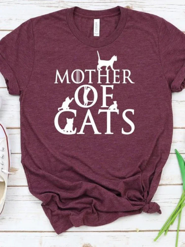 Mother of Cats Print Women T Shirt Short Sleeve O Neck Loose Women Tshirt Ladies Fashion Tee Shirt Tops Clothes Camisetas Mujer