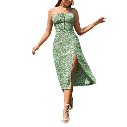 Women's Clothing Summer 2024 Trend Floral Dress, Flower Print Spaghetti Strap Sleeveless  with High Slit for Ladies