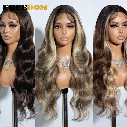 FREEDOM Synthetic Lace Front Wigs For Women  26“ Highlight Honey Brown Body Wave Wig Ombre Blonde Lace Wig Synthetic Cosplay Wig