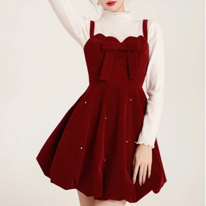 Christmas Two-piece Dress Set Women Solid Sweater A-line Velvet Sleeveless Short Dress Korean Fashion Female Autumn New Outfits