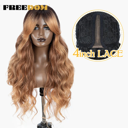 FREEDOM Synthetic Lace Wigs For Black Women Super Long Body Wavy Side Part Lace Wig Brown Ombre Blue Cosplay Wigs Heat Resistant