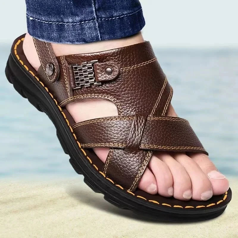 Summer Men Leather Sandals Genuine Leather Non-slip Men Shoes Slippers Outdoor Thick-soled Beach Shoes Comfor Soft Men sandalias