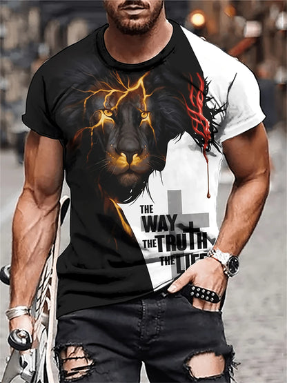 Mens Lion Print Short Sleeve Crew Neck T-Shirt Soft Breathable Casual Wear Outdoor Activities Summer Essential Clothing Tshirts