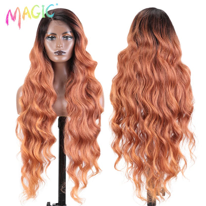 Magic Synthetic Lace Front Wig Long Wavy 36 Inch Cosplay Body Wavy Side Part Lace Wig For Women Lace Front Wig Ombre Blonde  Wig