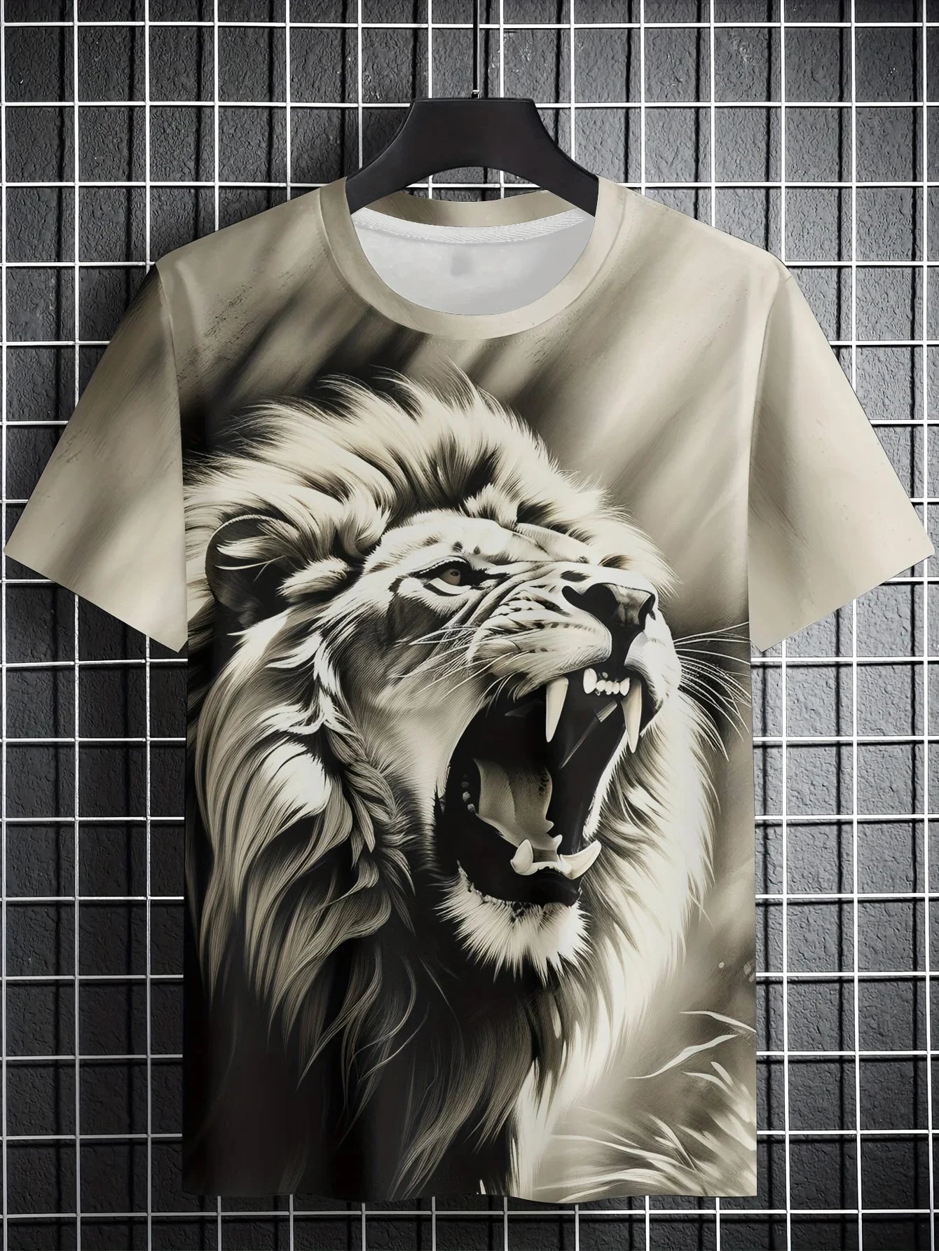 Mens Lion Print Short Sleeve Crew Neck T-Shirt Soft Breathable Casual Wear Outdoor Activities Summer Essential Clothing Tshirts