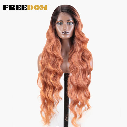 FREEDOM Synthetic Lace Wigs For Black Women Super Long Body Wavy Side Part Lace Wig Brown Ombre Blue Cosplay Wigs Heat Resistant