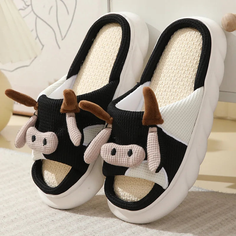 Four Seasons Universal Indoor Home Cotton Linen Sandals Cute Cartoon Cow Linen Slippers Non-slip