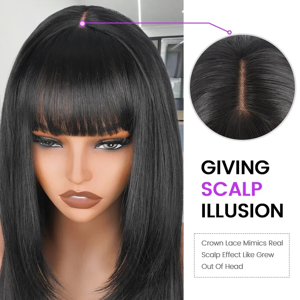 Straight Layered Cut Wigs For Black Women 3X1 HD Lace Synthetic Layered Wigs with Bangs Natural Black Straight Glueless Wigs