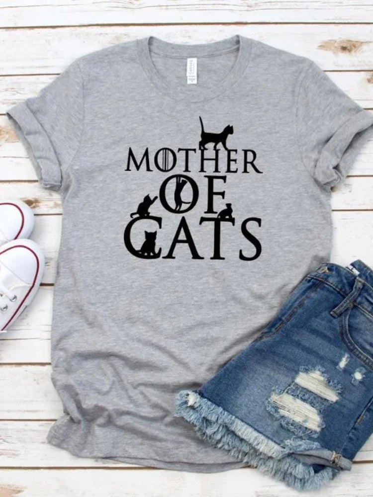 Mother of Cats Print Women T Shirt Short Sleeve O Neck Loose Women Tshirt Ladies Fashion Tee Shirt Tops Clothes Camisetas Mujer