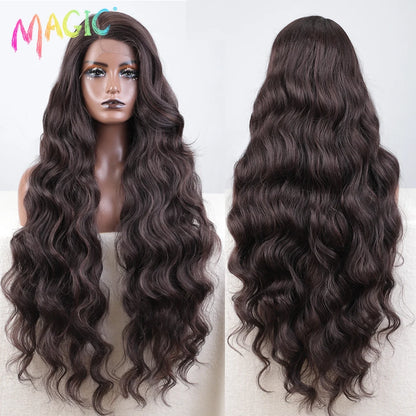 Magic Synthetic Lace Front Wig Long Wavy 36 Inch Cosplay Body Wavy Side Part Lace Wig For Women Lace Front Wig Ombre Blonde  Wig