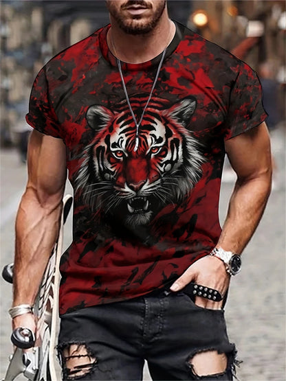 Mens Lion Print Short Sleeve Crew Neck T-Shirt Soft Breathable Casual Wear Outdoor Activities Summer Essential Clothing Tshirts