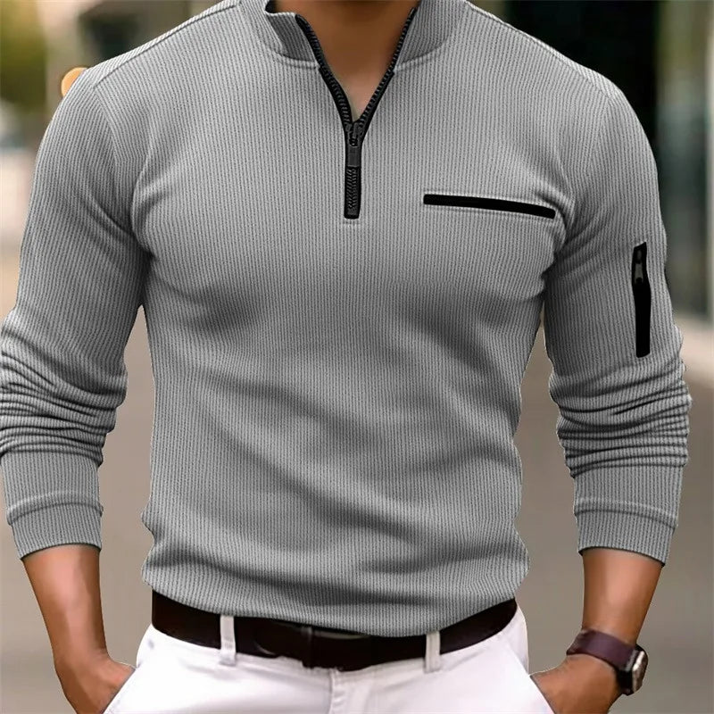 New Light Luxury Light Mature Casual Men Sports Retro Style Striped Zipper Arm Fashion Men Outdoor Long Sleeve POLO Shirt