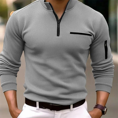 New Light Luxury Light Mature Casual Men Sports Retro Style Striped Zipper Arm Fashion Men Outdoor Long Sleeve POLO Shirt