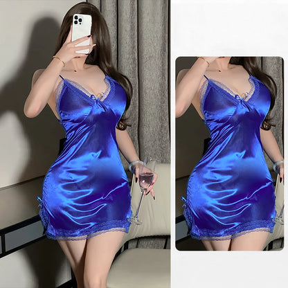 Sexy Lingerie Women Satin Suspender Nightdress Thong Pajama Thin Lace Slit Bow Singlets Dress Teddies Bodysuit Sexy Outfit