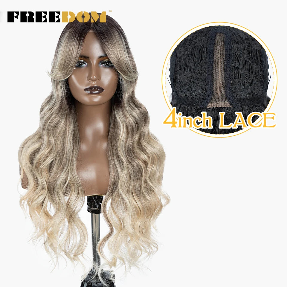 FREEDOM Synthetic Lace Wigs For Black Women Super Long Body Wavy Side Part Lace Wig Brown Ombre Blue Cosplay Wigs Heat Resistant