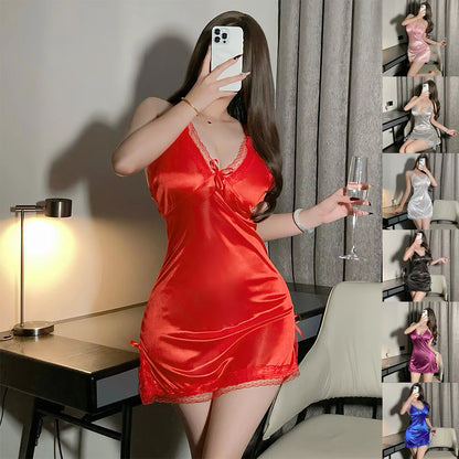 Sexy Lingerie Women Satin Suspender Nightdress Thong Pajama Thin Lace Slit Bow Singlets Dress Teddies Bodysuit Sexy Outfit