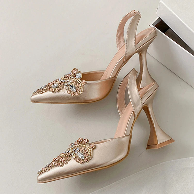 Liyke Spring Summer Fashion Crystal Rhinestone Women Pumps Sexy Pointed Toe Red High Heels Party Wedding Prom Shoe Sandal Female