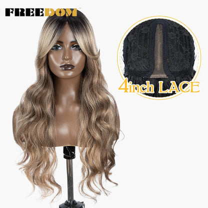 FREEDOM Synthetic Lace Wigs For Black Women Super Long Body Wavy Side Part Lace Wig Brown Ombre Blue Cosplay Wigs Heat Resistant