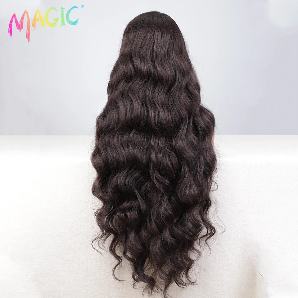 Magic Synthetic Lace Front Wig Long Wavy 36 Inch Cosplay Body Wavy Side Part Lace Wig For Women Lace Front Wig Ombre Blonde  Wig