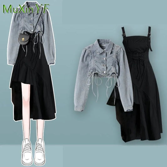 Women's 2024 Autumn/winter New Dress Matching Set Korean Elegant Vintage Short Denim Jacket+irregular Strap Skirt Two-piece Suit