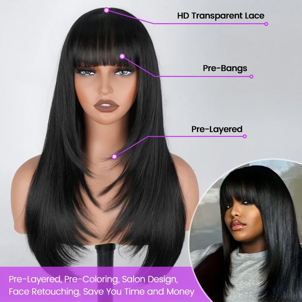 Straight Layered Cut Wigs For Black Women 3X1 HD Lace Synthetic Layered Wigs with Bangs Natural Black Straight Glueless Wigs