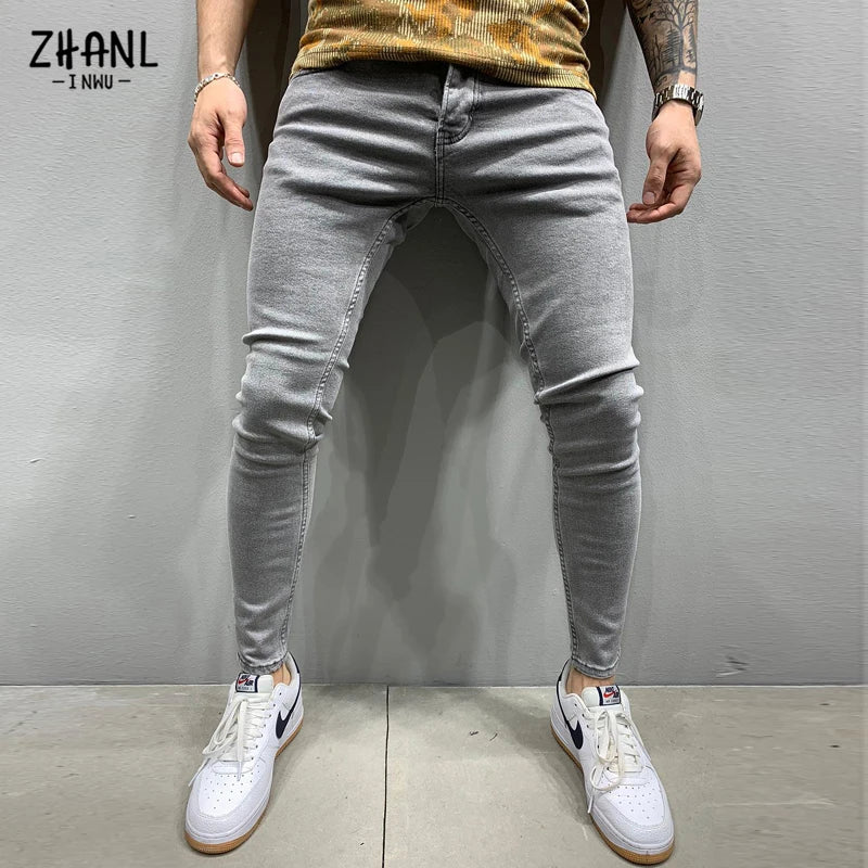 Mens Stretchy Ripped Skinny Embroidered Jeans Men's White Pants Destroyed Hole Slim Fit Denim High Quality Hip Hop Men trousers