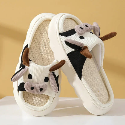 Four Seasons Universal Indoor Home Cotton Linen Sandals Cute Cartoon Cow Linen Slippers Non-slip