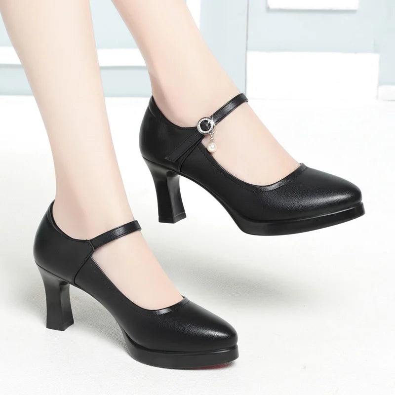 High Heels Comfort Platform Pumps 2024 Spring New Fashion Buckle Solid Black Shoes Woman Soft Leather Waterproof Single Shoes