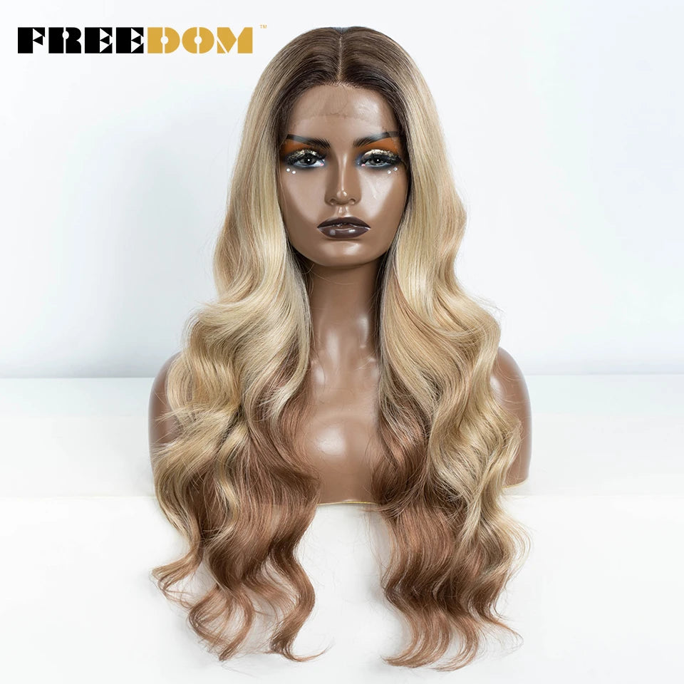 FREEDOM Synthetic Lace Front Wigs For Women  26“ Highlight Honey Brown Body Wave Wig Ombre Blonde Lace Wig Synthetic Cosplay Wig