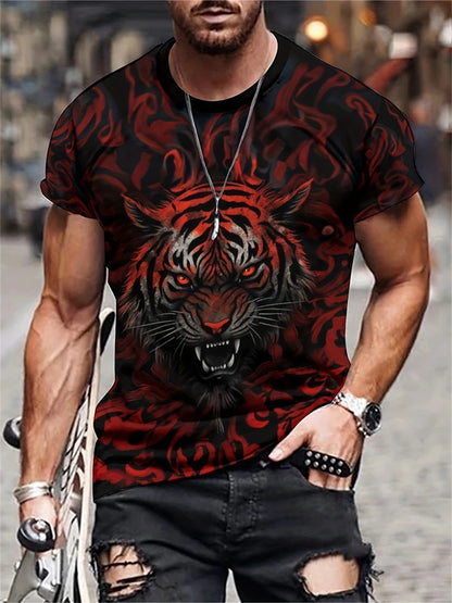 Mens Lion Print Short Sleeve Crew Neck T-Shirt Soft Breathable Casual Wear Outdoor Activities Summer Essential Clothing Tshirts