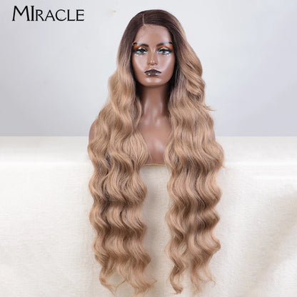 MIRACLE Deep Loose Wave Synthetic Wig for Women 36 Inch Wavy Lace Front Wigs Ginger Blue Blonde Wigs Side Part Cosplay Wig