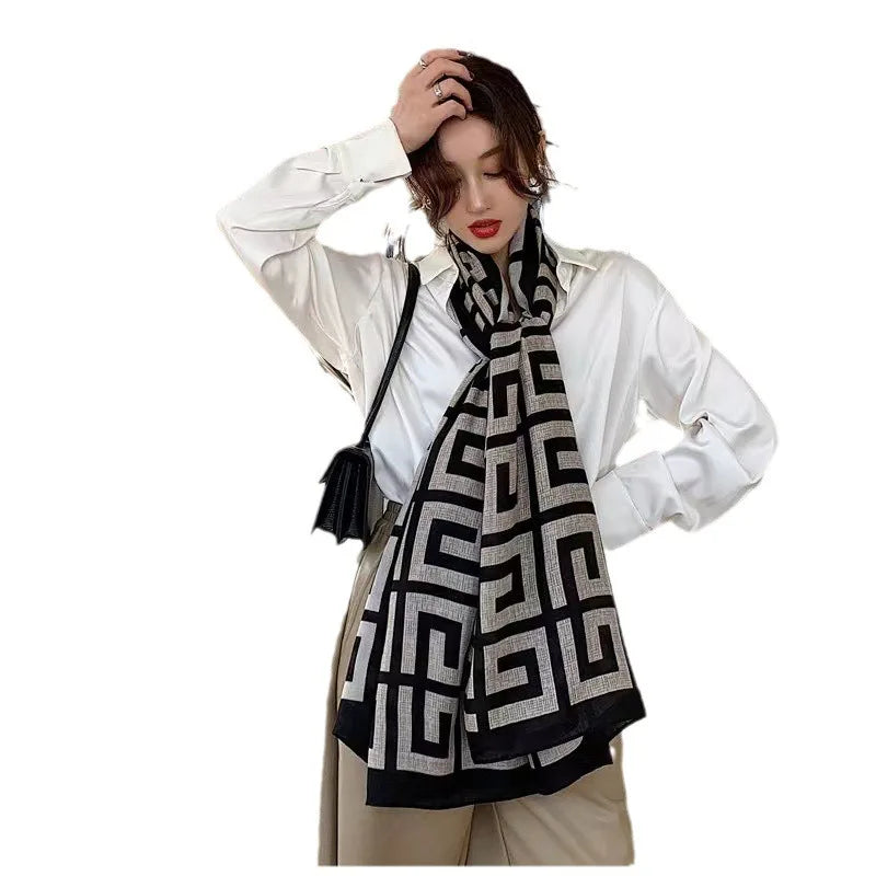 2024live broadcast of Korean printed cotton and linen scarves for warmth in spring summer autumn and winter long scarf and shawl