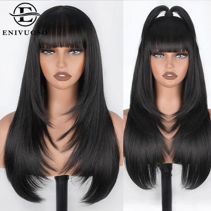 Straight Layered Cut Wigs For Black Women 3X1 HD Lace Synthetic Layered Wigs with Bangs Natural Black Straight Glueless Wigs