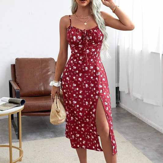 Women's Clothing Summer 2024 Trend Floral Dress, Flower Print Spaghetti Strap Sleeveless  with High Slit for Ladies