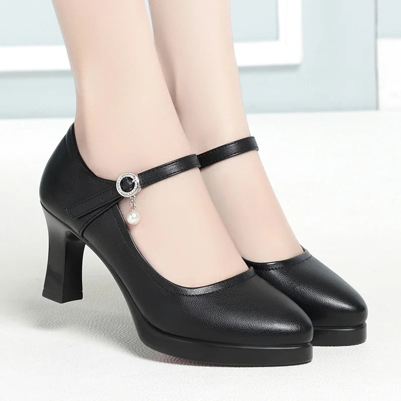 High Heels Comfort Platform Pumps 2024 Spring New Fashion Buckle Solid Black Shoes Woman Soft Leather Waterproof Single Shoes