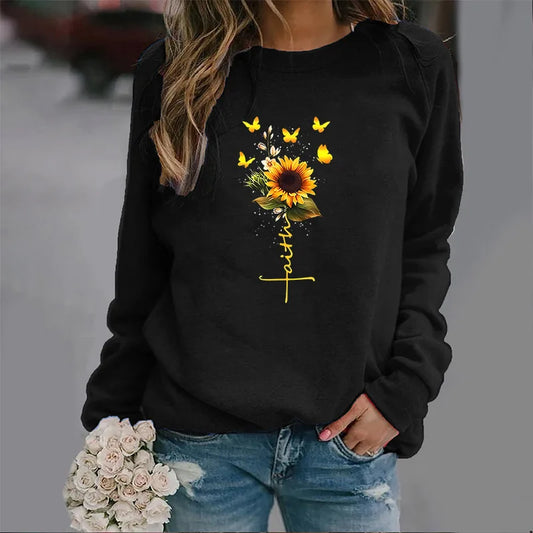 Fashion Sunflower Butterfly Trend Crew-neck Hoodie Autumn Printed Blazer Streetwear Streetwear Women  Sweatshirt Clothes