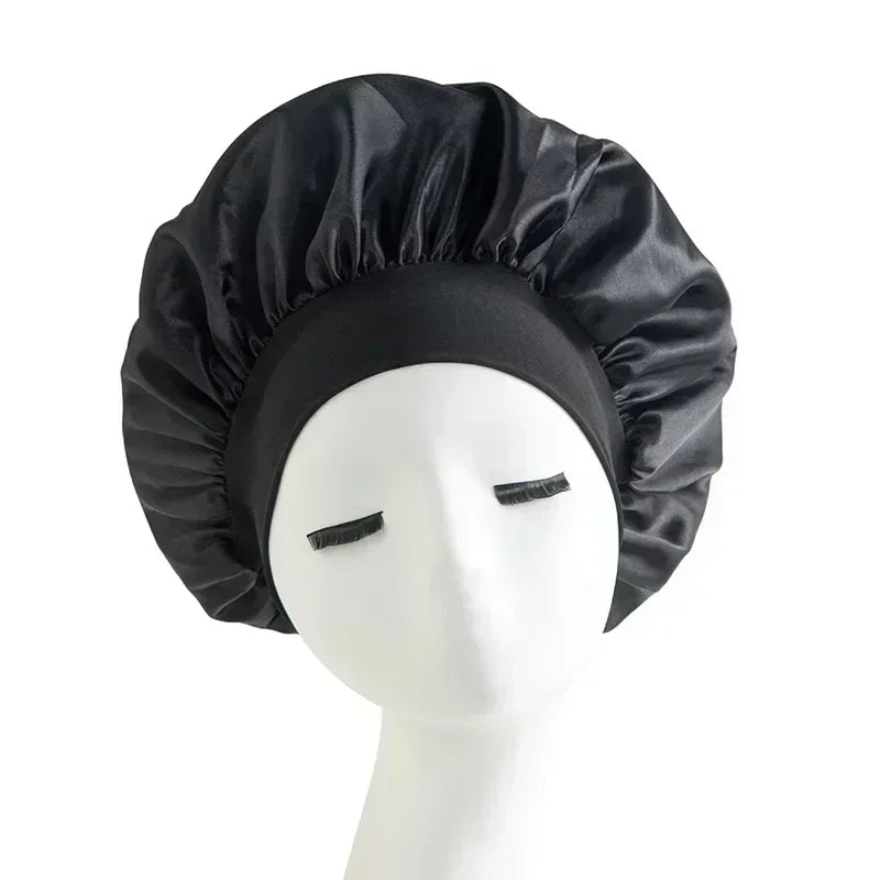 High Elastic Satin Solid Wide-brimmed Sleeping Hat Unisex Head Wrap Elastic Band Cap Hair Care Bonnet Night Sleeping Hat