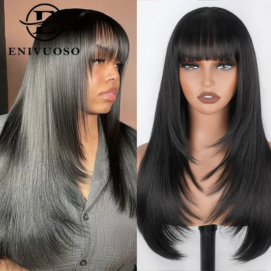 Straight Layered Cut Wigs For Black Women 3X1 HD Lace Synthetic Layered Wigs with Bangs Natural Black Straight Glueless Wigs