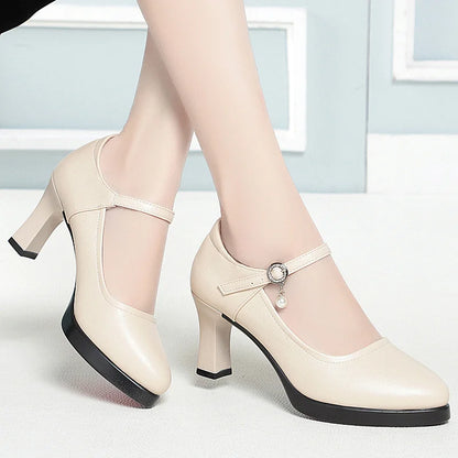 High Heels Comfort Platform Pumps 2024 Spring New Fashion Buckle Solid Black Shoes Woman Soft Leather Waterproof Single Shoes