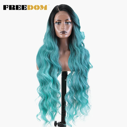 FREEDOM Synthetic Lace Wigs For Black Women Super Long Body Wavy Side Part Lace Wig Brown Ombre Blue Cosplay Wigs Heat Resistant