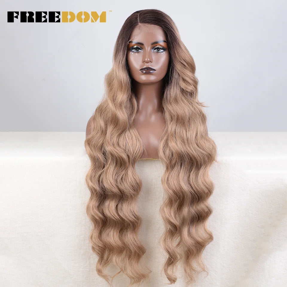 FREEDOM Synthetic Lace Wigs For Black Women Super Long Body Wavy Side Part Lace Wig Brown Ombre Blue Cosplay Wigs Heat Resistant