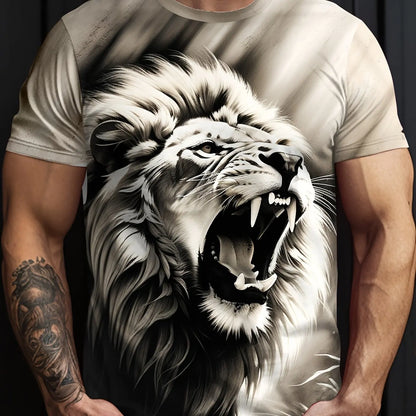 Mens Lion Print Short Sleeve Crew Neck T-Shirt Soft Breathable Casual Wear Outdoor Activities Summer Essential Clothing Tshirts