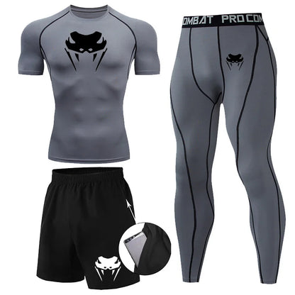 Men Compression Set MMA Long or Short Sleeve T-shirt Men's Tight Pants Fitness Bodybuilding Clothes Rashguard Sports Suits