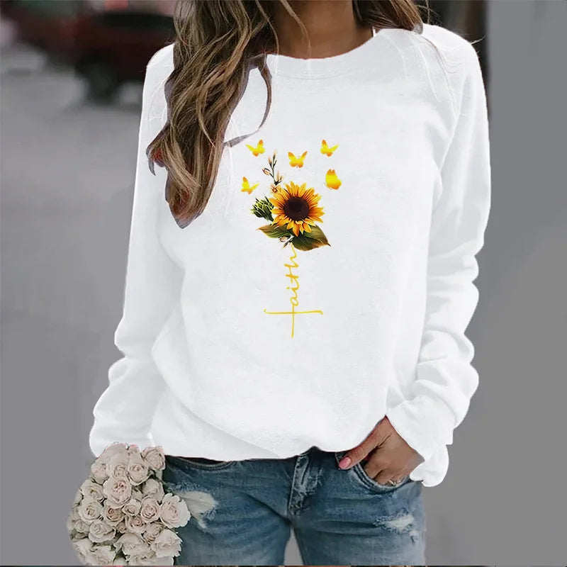 Fashion Sunflower Butterfly Trend Crew-neck Hoodie Autumn Printed Blazer Streetwear Streetwear Women  Sweatshirt Clothes