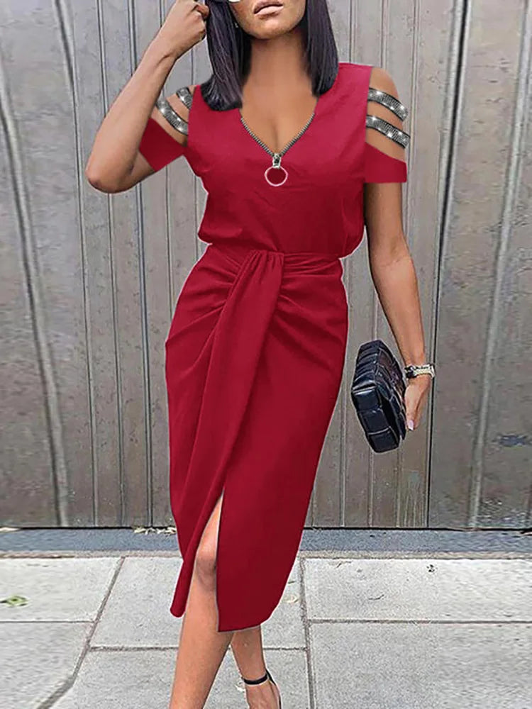 Women Elegant Zipper V Neck Solid Party Dress 2023 Spring Summer Short Hollow Out Sleeve Sexy Draped Dress Female Slim Mid Dress