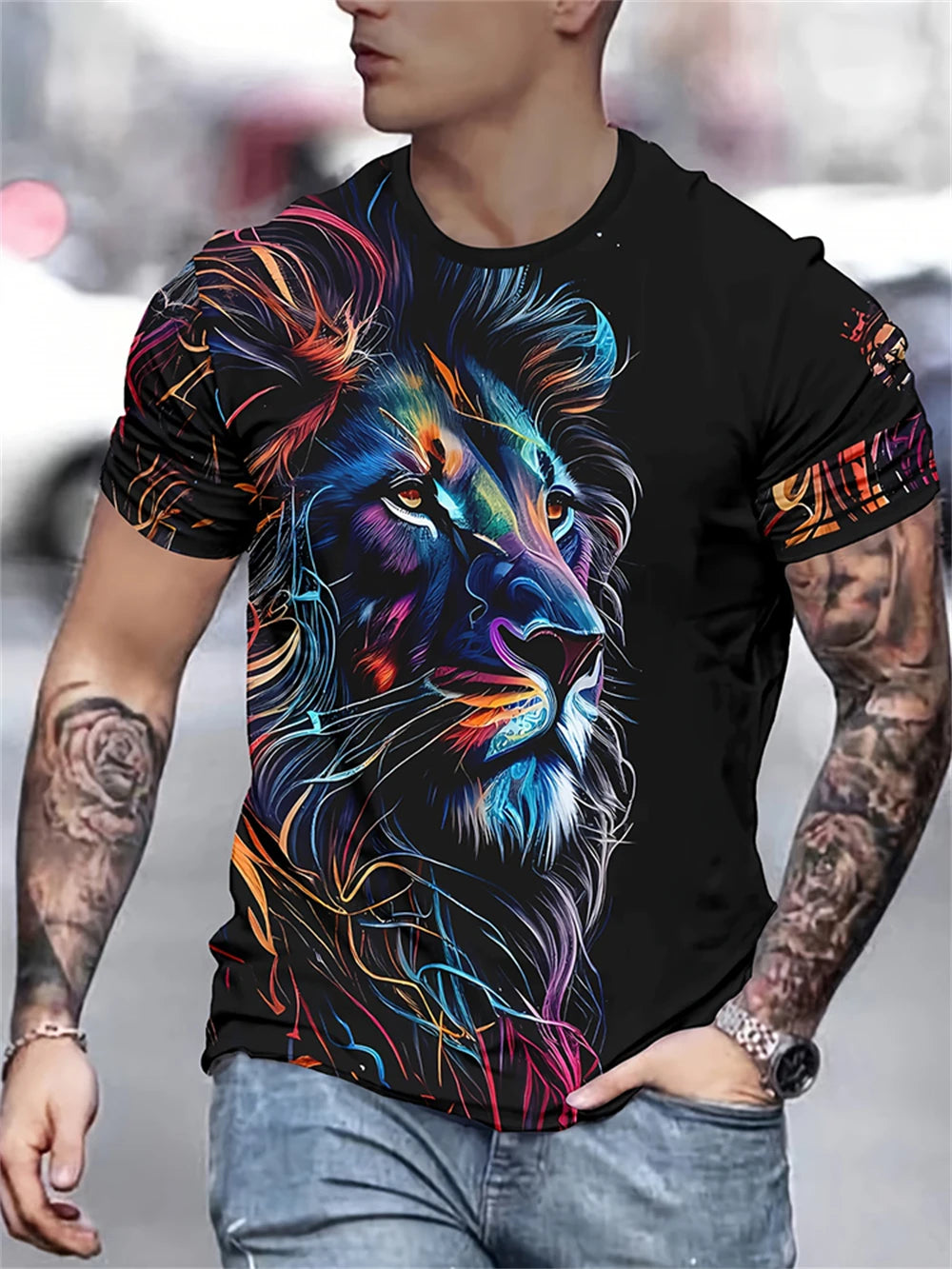 Mens Lion Print Short Sleeve Crew Neck T-Shirt Soft Breathable Casual Wear Outdoor Activities Summer Essential Clothing Tshirts